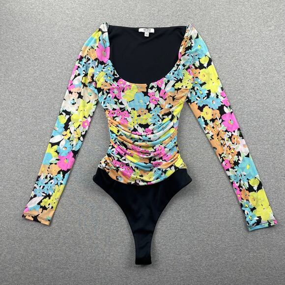 AFRM Bodysuit Womens XS Bright Floral Mesh Ruched Long Sleeve Retro Preppy Rave - Picture 1 of 12